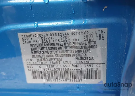 2021 Nissan Sentra Sv Xtronic Cvt z USA, uszkodzony, nr VIN 3N1AB8CV4MY318657